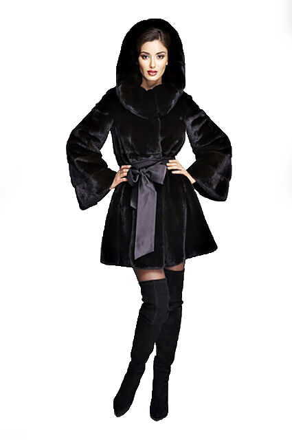 Классическая норковая шуба с капюшоном и поясом